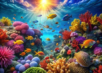 Naklejka premium Vibrant Coral Reef Ecosystem: Tropical Fish Underwater Scene Stock Photo