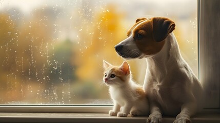 A Jack Russell Terrier and Kitten Watch the Rain