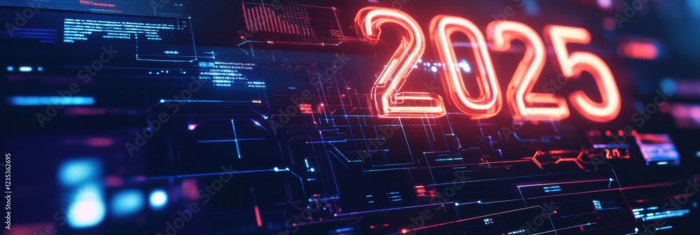Poster futuristic digital calendar showcasing the year 2025 with a sleek design and vibrant neon colors. ge