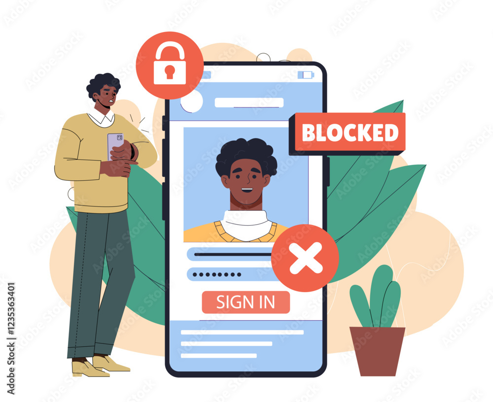 Poster account blocking concept. man near smartphone with blocked account on website and social networks. a