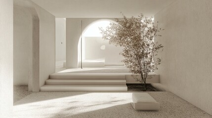 Serene Minimalist Interior Design Sunlit Architectural Space with Tranquil Plant