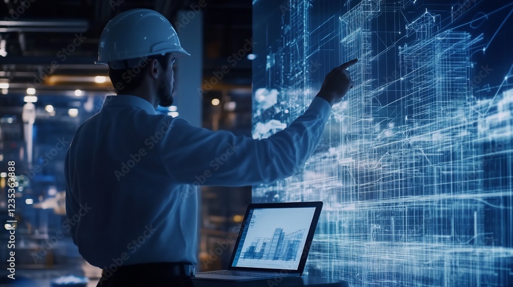 Poster engineer analyzing building plans on a digital screen with a laptop in a factory setting