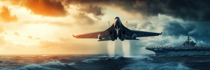 Military fighter jet takes off from aircraft carrier amid dramatic sunset sky over ocean. Generative AI