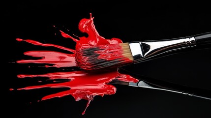 A striking composition featuring a brush with red paint creating splashes on a black canvas, representing the boldness and power of artistic creativity and self-expression.