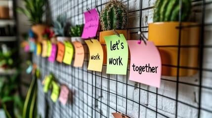 Colorful sticky notes and succulents on a grid wall