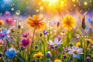 Fototapeta premium Vibrant Spring Meadow Macro: Delicate Wildflowers Close-Up