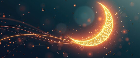 Fototapeta premium Golden Crescent Moon Festivity in Ramadan Illuminated by Calligraphy and Bokeh Effect