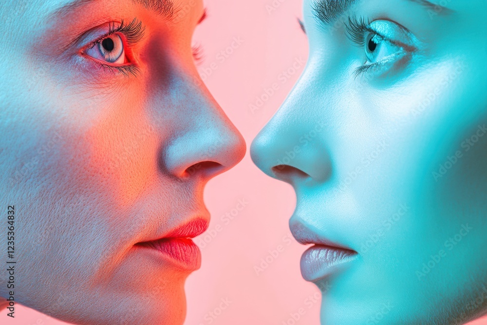 Poster contrasting beauty of youth and age displayed through two faces with vibrant lighting and smooth tex