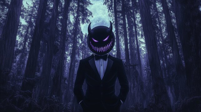 An unusual character dressed in a tuxedo with a menacing mask stands ominously in a dense forest, combining elegance with eeriness to create an unforgettable visual experience.