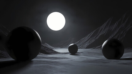 Abstract spheres in a minimalist monochrome landscape, illuminated by dramatic chiaroscuro lighting, creating a stark contrast and emphasizing form and texture. Chiaroscuro Contrast. Illustration