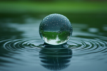 crystal clear water droplet reflects greenery, creating serene atmosphere. ripples around it enhance tranquil scene, showcasing nature beauty
