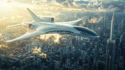 Futuristic airplane glides above a sprawling sci fi city under a dramatic sky. Generative AI