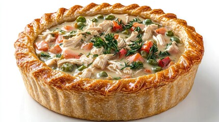 Delicious chicken pot pie filled with vegetables and creamy sauce, showcasing a golden crust