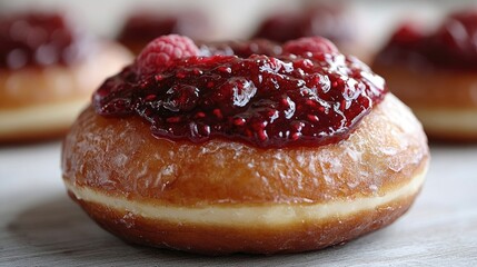 Freshly baked raspberry jam-filled donut with a glossy glaze and vibrant berries on top