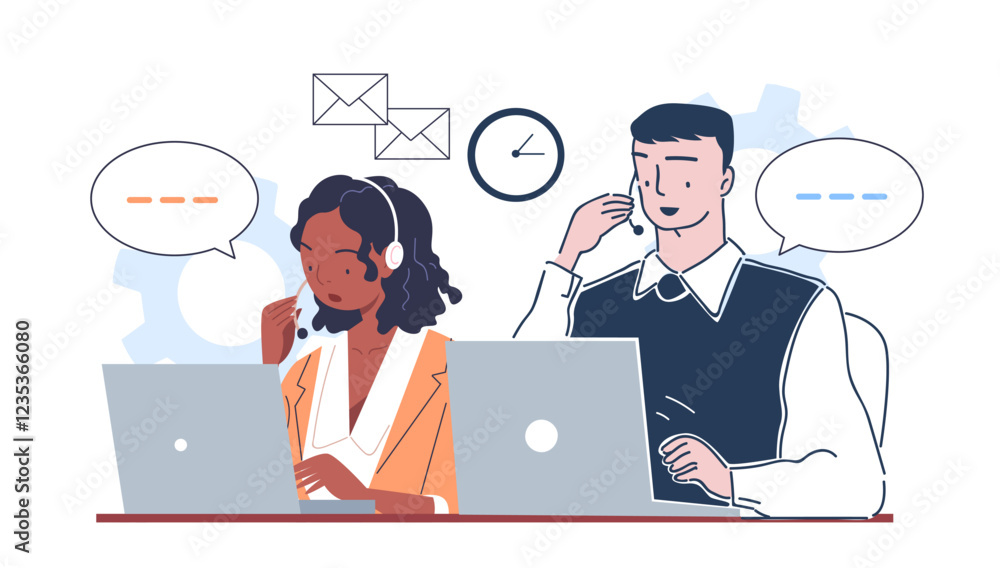 Poster call center operator. man and woman with laptops answer customer questions. hotline and customer sup