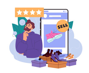Man buying shoes online. Young guy near smartphone with footwears. Fashion, trend and style. Marketplace on internet. Pink and yellow sneakers, dark shoes. Flat vector illustration