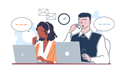 Call center operator. Man and woman with laptops answer customer questions. Hotline and customer support service. Assistant and helper. Linear vector illustration