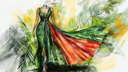 Fashion Illustration Elegant Woman in Tropical Green and Orange Gown
