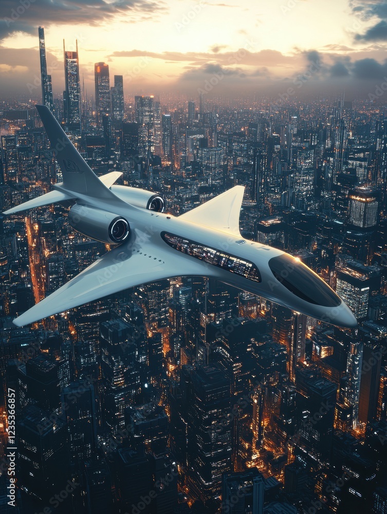 Fototapete futuristic airplane with sleek design soaring over advanced sci fi cityscape during twilight hours. 