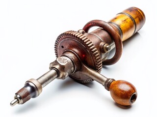 Vintage Hand Drill, Antique Woodworking Tool, Old Drill, Retro Power Tool, Classic Hand Drill on White Background