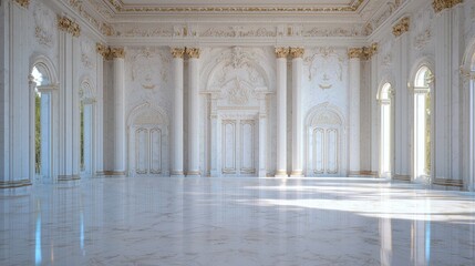 Obraz premium Elegant Palace Ballroom, Sunlit Interior, Marble Floor, Design