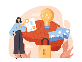 Copyright protection concept. Woman with key near golden padlock and brain. Legal defense for authors of content. Intellectual property. Creativity and art. Flat vector illustration