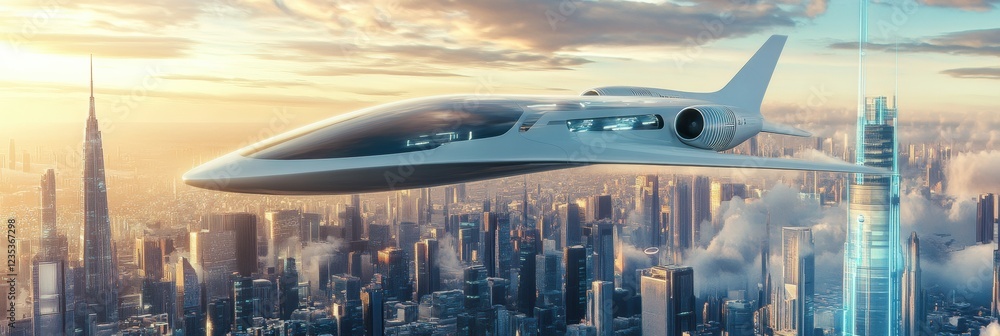 Poster Futuristic airplane soaring over a glowing sci fi cityscape at sunset with towering skyscrapers below. Generative AI