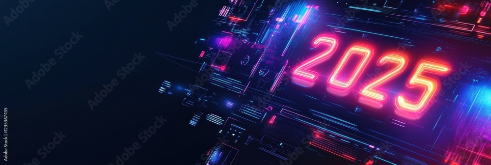 Poster futuristic digital calendar displays the year 2025 in vibrant neon colors against a sleek dark backg