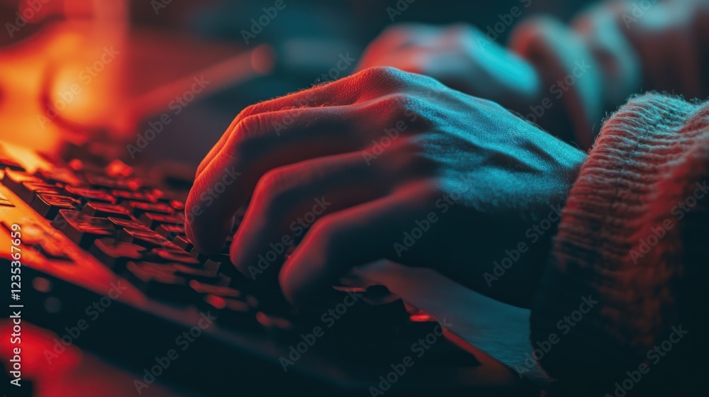 Poster hands typing on a keyboard in a dimly lit setting.