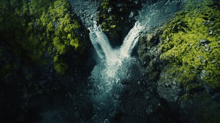 Aerial view of mossy waterfall cascading down rocks