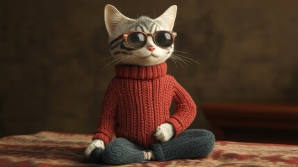 Fototapeta premium Cat in sunglasses and sweater, sitting casually.