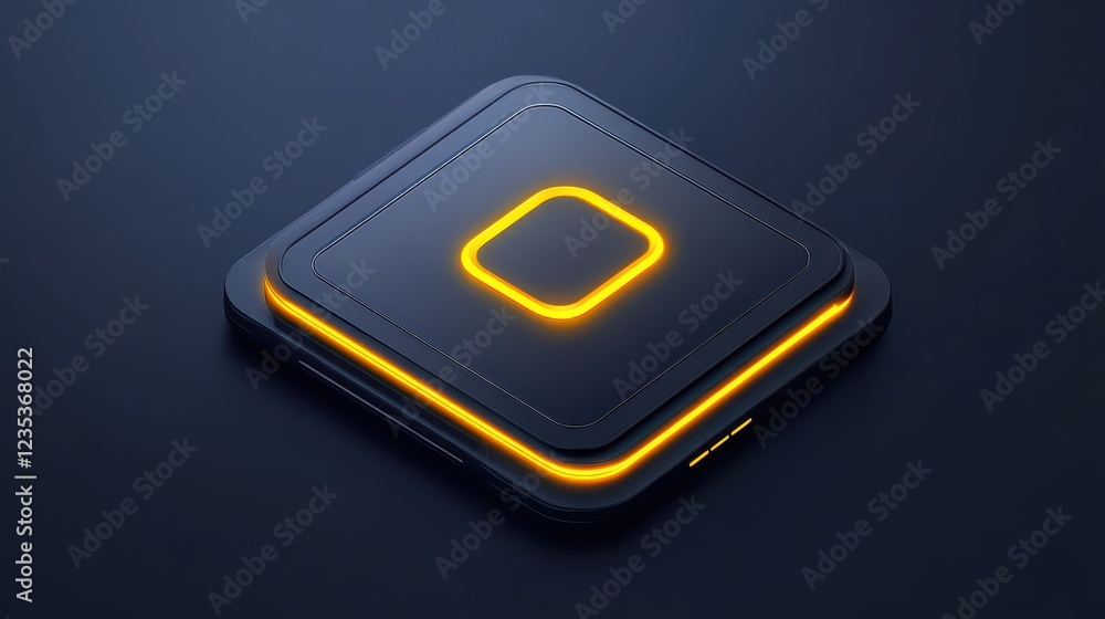 Poster illuminated black square button with yellow glow, a modern element for web design
