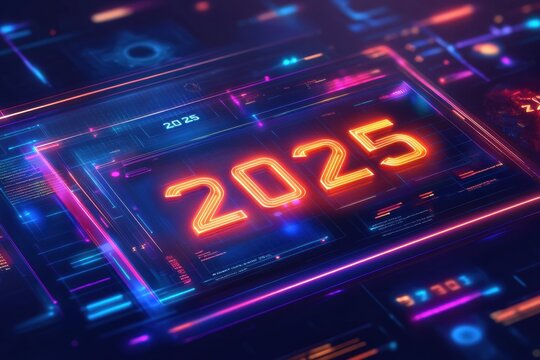 Futuristic digital calendar displaying the vibrant year 2025 with sleek and colorful visuals. Generative AI - Powered by Adobe