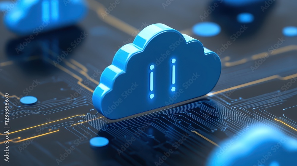 Poster cloud computing technology, blue cloud symbol on circuit board representing data storage and network