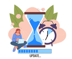Download on computer. Woman with laptop sitting near hourglasses and progress bar. Updating software and operating system. Installing, uploading and downloading. Flat vector illustration