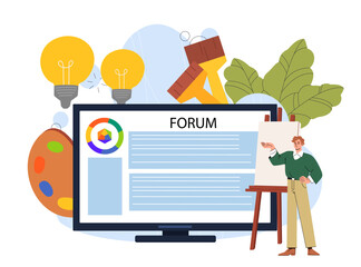 Drawing forum online. Man with canvas near computer monitor. Graphic designer and digital artist. Creativity and art. Studio or workplace. Flat vector illustration