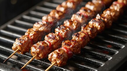 Grilled skewers of marinated meat sizzling on a barbecue grill with smoke rising (2)
