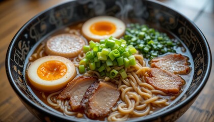 Steaming Bowl of Traditional Ramen with Rich Broth and Toppings