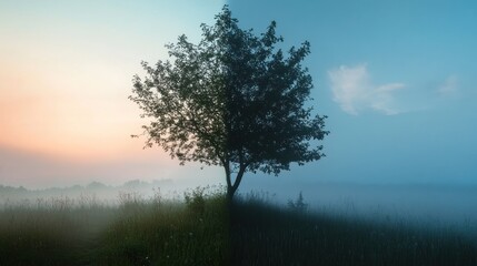 Obraz premium A Tree Standing Between Two Skies at Sunrise and Twilight