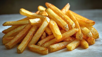 Golden crispy French fries piled high on a rustic surface, ready to be served