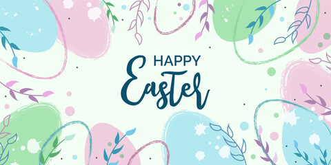 Happy Easter. Decorative textured eggs with a floral background. Festive poster, banner, greeting card. Vector illustration