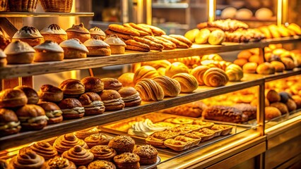 Warm Golden Hour Light Bathes Delicious Pastries in Bakery Display with Price Tags