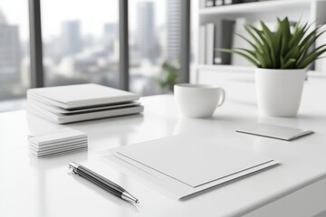 Minimalist Office Workspace with Blank Notepads, Pen, and Potted Plant Decor