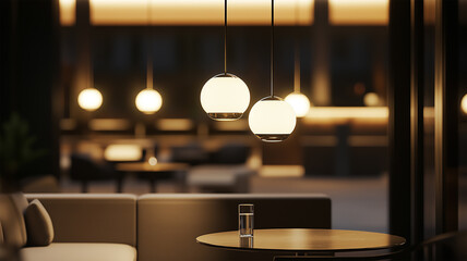 Obraz premium 低く吊り下げられた照明が照らすホテルラウンジ、優雅で落ち着いた空間演出