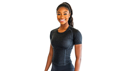 portrait of a female fitness trainer in a fitted t-shirt and leggings, smiling confidently