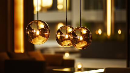 低く吊り下げられた照明が照らすホテルラウンジ、優雅で落ち着いた空間演出