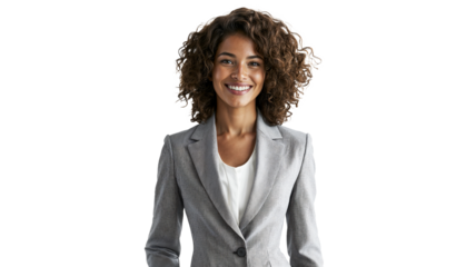 portrait of a Hispanic woman isolated on a white background, wearing a grey blazer and pencil skirt, smiling cheerfully