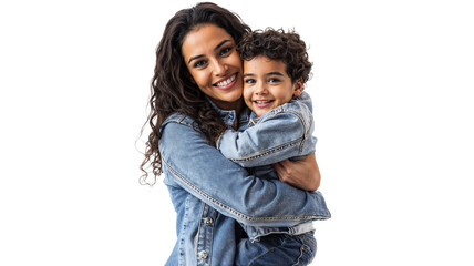 portrait of a Hispanic mother isolated on a white background, hugging her young child close while smiling