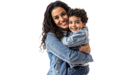portrait of a Hispanic mother isolated on a white background, hugging her young child close while smiling