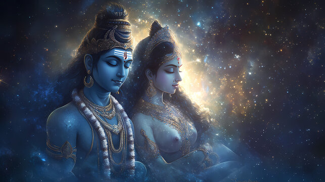 Lord shiva and parvati illuminated by a divine glow, embodying their cosmic roles as the destroyer and nurturer. Cosmic Serenity. Illustration